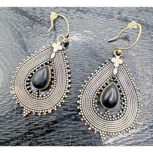 VTG Mod 925 Sterling Silver Large Boho Dangle Earrings Onyx Center 14.11 g